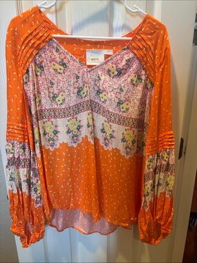 Anthropologie Maeve Ceresco Orange Floral Boho Peasant Blouse Top Size Medium
